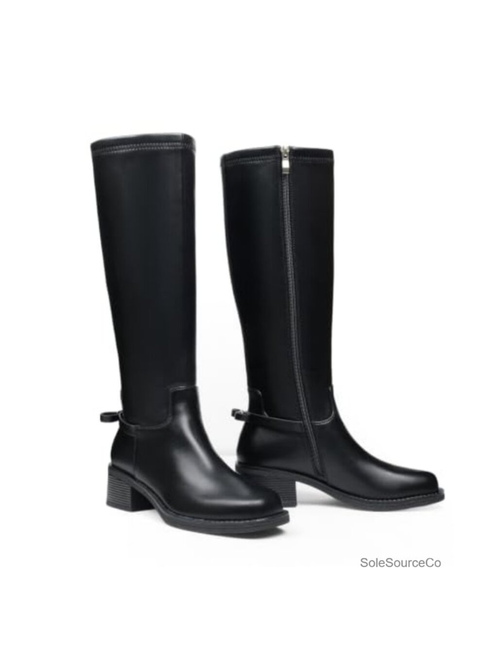 Women Knee High Boots 1.7 Inch Block Heel Square Toe Faux Leather